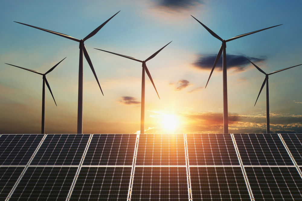 concept-clean-energy-wind-turbine-solar-panel-sunrise-background